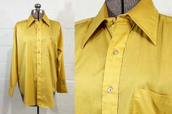 Vintage Mustard Yellow Button Front Long Sleeve Shirt Collar Imperial Guard 1960s XL Large