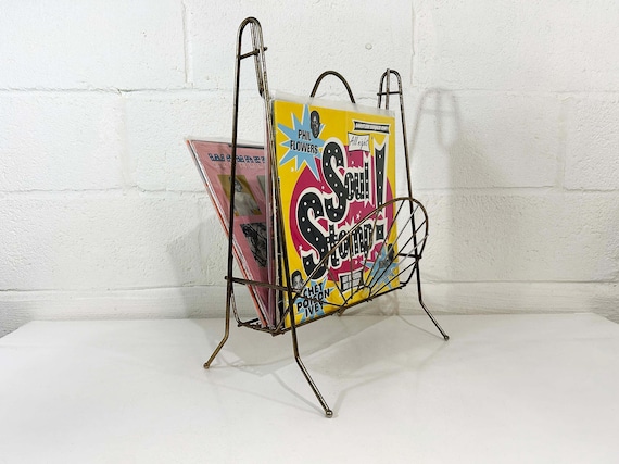 Vintage Magazine Rack Mid Century Gold Metal Record Holder Basket MCM 1960s