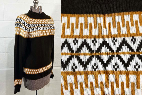 Vintage 1970s Sigallo Sweater Crewneck Brown Fair Isle Knit Unisex Raglan Pullover 70s Medium Large
