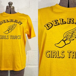 Vintage Yellow T-Shirt Jerzees Delran Girls Track Single Stitch Short Sleeve Tee Hipster Shirt New Jersey Unisex 1980s 80s Large image 1