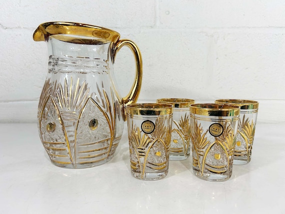Vintage Cut Glass Pitcher Juice Golden Glasses Set of 5  Colorful Serving Party BBQ Picnic 1980s