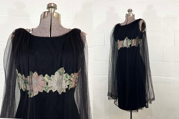 Vintage Black Party Dress 60s Cocktail Sheer Cape Sleeveless New Year's Eve Goth Vamp Wiggle 50s Draper Holly Golightly Anita Modes Small