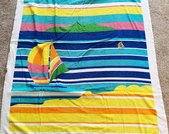 Vintage Island Fun Blanket Beach Towel Nautical Saiboat Cotton Brazil Blue Yellow Striped 1980s 1990s