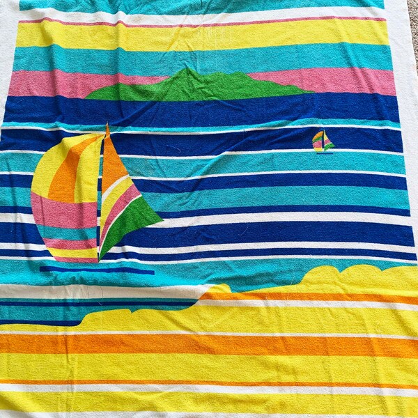 Vintage Island Fun couverture serviette de plage voilier nautique coton Brésil bleu jaune rayé des années 1980 des années 1990