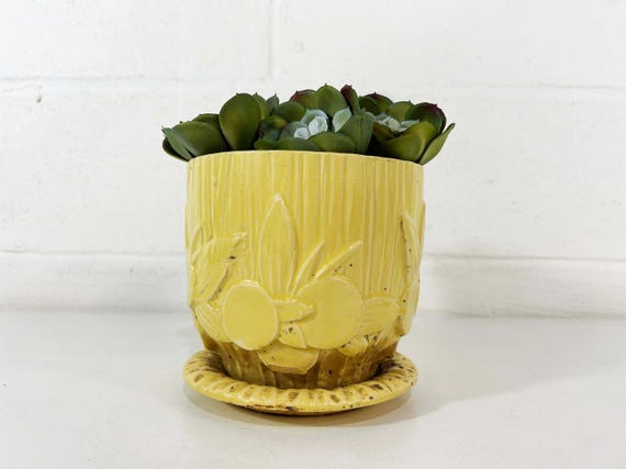 Vintage McCoy Style Floral Planter, Butter Yellow Pottery with Saucer