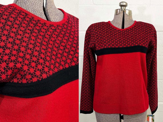 Vintage Fair Isle Red Sweater Black Long Sleeve Crew Neck GAP Jumper Geometric Geo Merino Wool 1980s 1990s Large