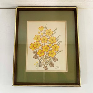 Vintage Framed Floral Print Olivia Francis Frame Lithograph Litho Yellow Flowers 1981 1980s image 1