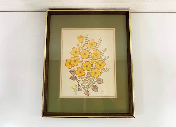 Vintage Framed Floral Print Olivia Francis Frame Lithograph Litho Yellow Flowers 1981 1980s