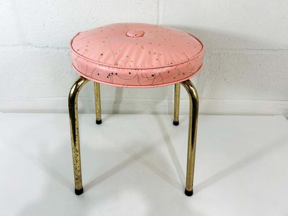 Vintage Pink Vanity Seat Vinyl Footstool Mid-Century Pearl-Wick Gold Foot Stool MCM Plant Stand 1950s