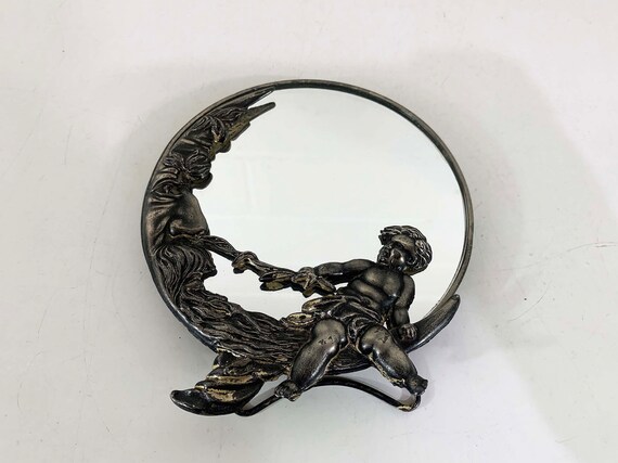 Antique Moon Vanity Mirror Crescent Silver Plated Round Victorian Figural Cherub Man in the Moon Celestial