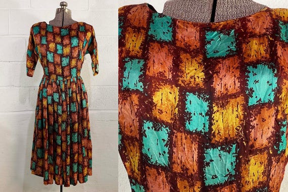 Vintage Checkered Dress Blue Green Orange Party Prom Half Sleeve 1950s 1960s Aesthetic Mad Men Betty Draper Wedding Bridesmaid Small