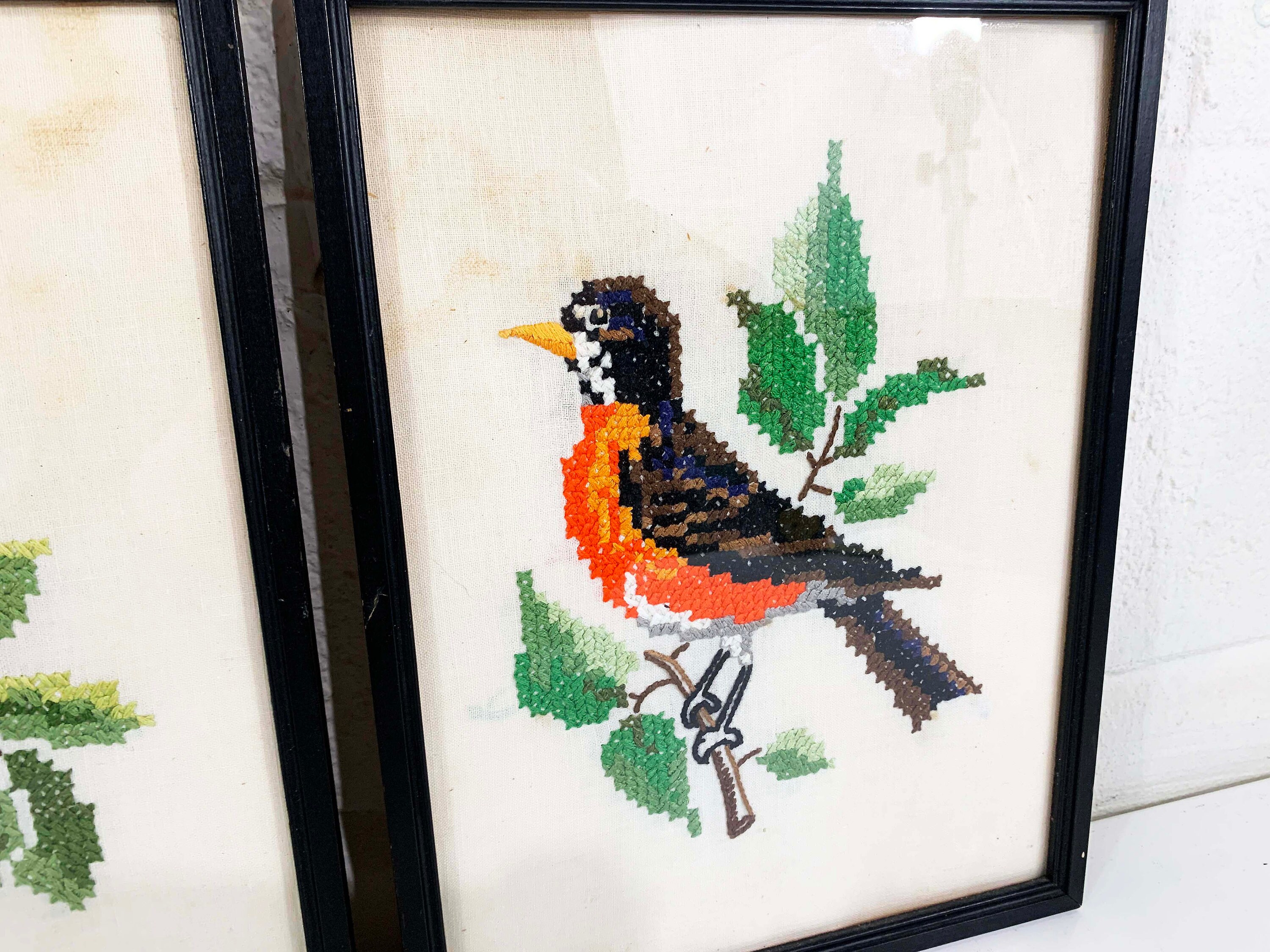 Vintage Set of 3 Framed Needlepoint Birds Fiber Art Crewel Wood Frame ...