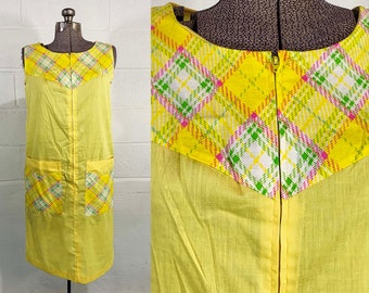 Vintage Gilead House Dress Nightgown Pajamas Plaid PJ Sleep Yellow Sleepwear Dress Nightshirt Sleeveless Small Medium 1960s
