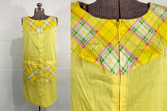 Vintage Gilead House Dress Nightgown Pajamas Plaid PJ Sleep Yellow Sleepwear Dress Nightshirt Sleeveless Small Medium 1960s