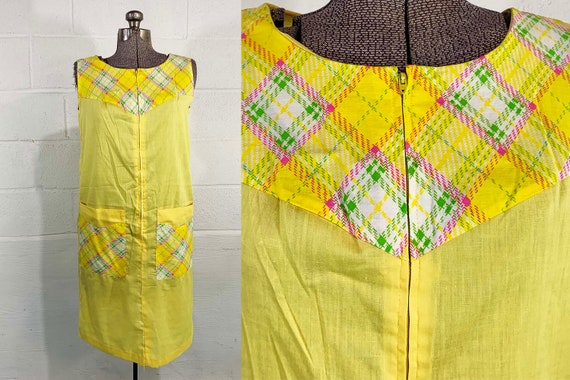 Vintage Gilead House Dress Nightgown Pajamas Plaid PJ Sleep Yellow Sleepwear Dress Nightshirt Sleeveless Small Medium 1960s