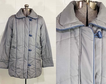 Vintage Winter Coat Puffy Puffer Gray Taupe Quilted Lined Duffle Jacket Hipster Periwinkle Cozy Grey Blue 1980s Large