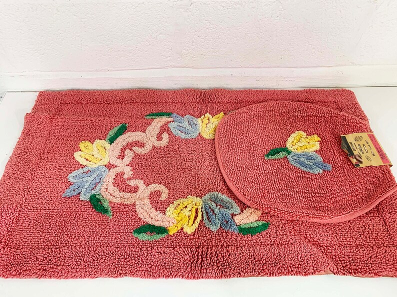 Vintage Chenille Bath Mat Pink Dixie Belle NOS Deadstock Toilet Seat Cover Boho Restroom Decor Mid-Century 1950s 50s 1960s 60s image 2