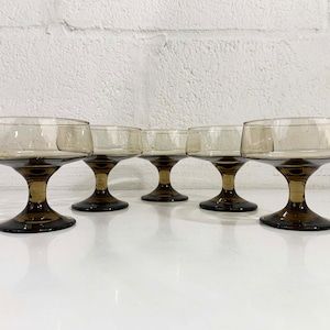 Vintage Smoky Coupe Glasses Goblets Coffee Brown Set of 5 Champagne Sherbert Dessert 1970s 1960s Holiday Party image 1
