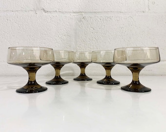 Vintage Smoky Coupe Glasses Goblets Coffee Brown Set of 5 Champagne Sherbert Dessert 1970s 1960s Holiday Party