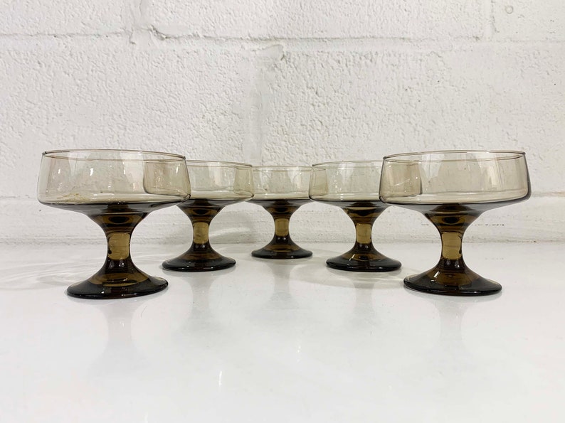 Vintage Smoky Coupe Glasses Goblets Coffee Brown Set of 5 Champagne Sherbert Dessert 1970s 1960s Holiday Party image 1