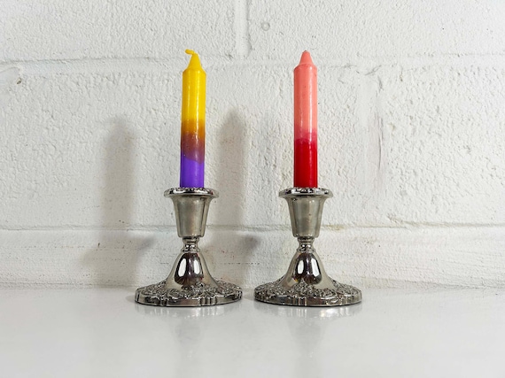 Vintage Silver Candle Holders Pair Candlesticks Retro Decor Mid-Century Hollywood Regency Candleholder Wedding