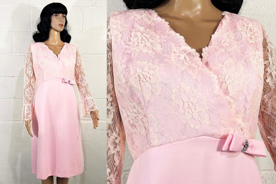 Vintage Pink Lace Dress Rhinestone Bow Trim Flounce Bell Sleeve Wedding Guest Cocktail Party 1960s Bridesmaid Mod Twiggy Large 60s Prom