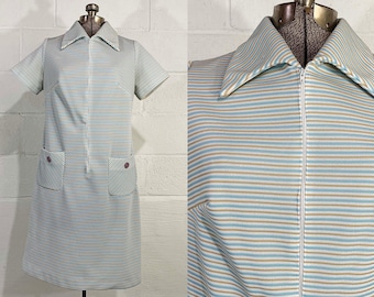 Vestido vintage de corte recto en tonos beige y azul, estilo mod de los años 60, a rayas, manga corta, talla grande.