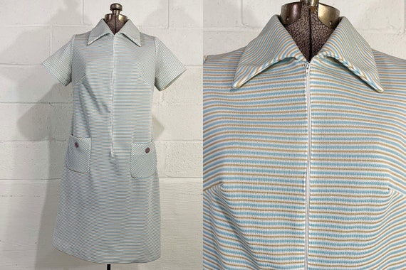 Vintage Tan & Blue Shift Dress 60s 1960s Mod Twiggy Stripe Striped Short Sleeve Mad Men Megan Draper Dopamine Dressing Large