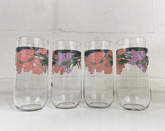 Vintage Floral Glasses Flower Glass Set of 4 Pink Purple Floral Iris 1980s 80s Flowers Noritake Cafe Du Soir Dopamine Decor