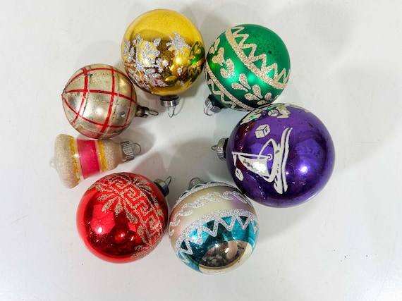 Vintage Christmas Ornaments Shiny Brite Mercury Glass Hand Painted Ornament Tree Decoration Set of 7 Mismatched 1950s