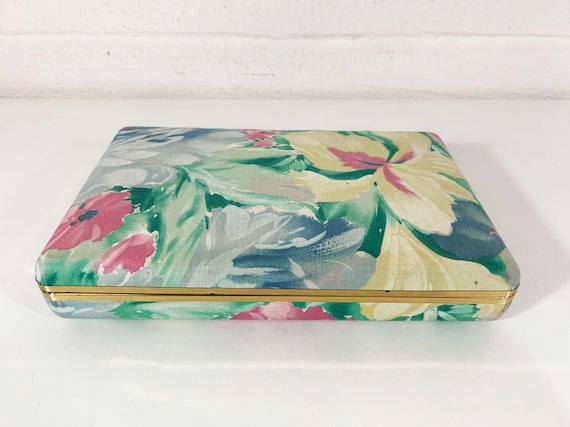 Vintage Floral Jewelry Box Velvet Earring Ring Case Pink Blue Pastel Travel Hard Clamshell Retro Necklace Storage 1980s 80s