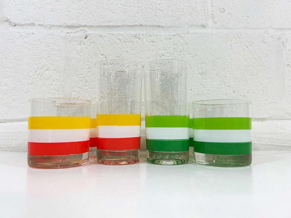 Vintage Georges Briard Glasses Cabana Collins Lowball Old-Fashioned Set of 8 Tumblers Striped Mid Century Modern Barware 1970s