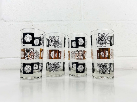 Vintage Federal Glass Highball Tumblers Set of 4   Design Black Gold Medallions 1950s 1960s