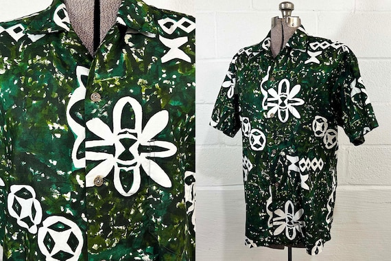 Vintage Hookano Hawaiian Shirt Sateen Cotton Tiki Button Up Collared Men’s Large 1960s 1950s XL