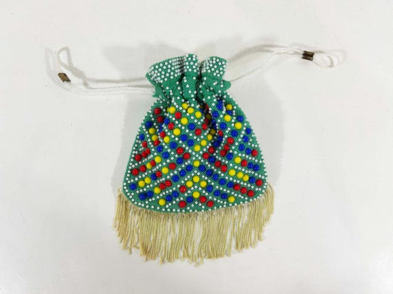 Vintage Beaded Rainbow Bag Drawstring Change Purse Slouchy Colorful Hippie Hong Kong Hippie Boho 1960s 1950s Melanie Creations Green Fringe