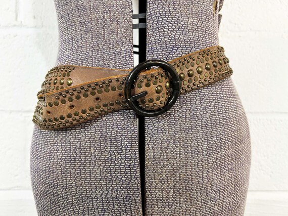 Vintage Suede Studded Leather Belt Amersterdam Heritage Country Brown Bronze Buckle XL Large 1990s Y2K