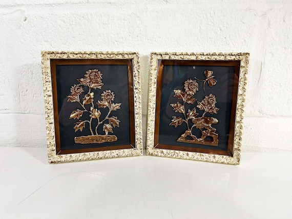 Vintage Flower Wall Art 3D Mid-Century Copper Framed Flowers Leaves 1960s 1970s  Floral Picture Bohemian Botanical Pair Set of 2