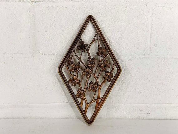 Vintage Plastic Gold Flower Branch Wall Hanging Floral Cherry Blossom Flowers 1960s 1970s Diamond Boho Retro Branch MCM