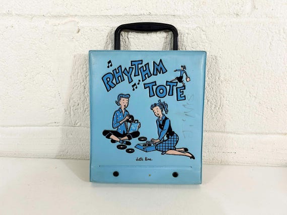 Vintage 1950s Date Line Rhythm Tote Blue Pink Record Case Holder Storage Mid-Century Retro Dateline 45 Vinyl 7 Inch Single DJ Party