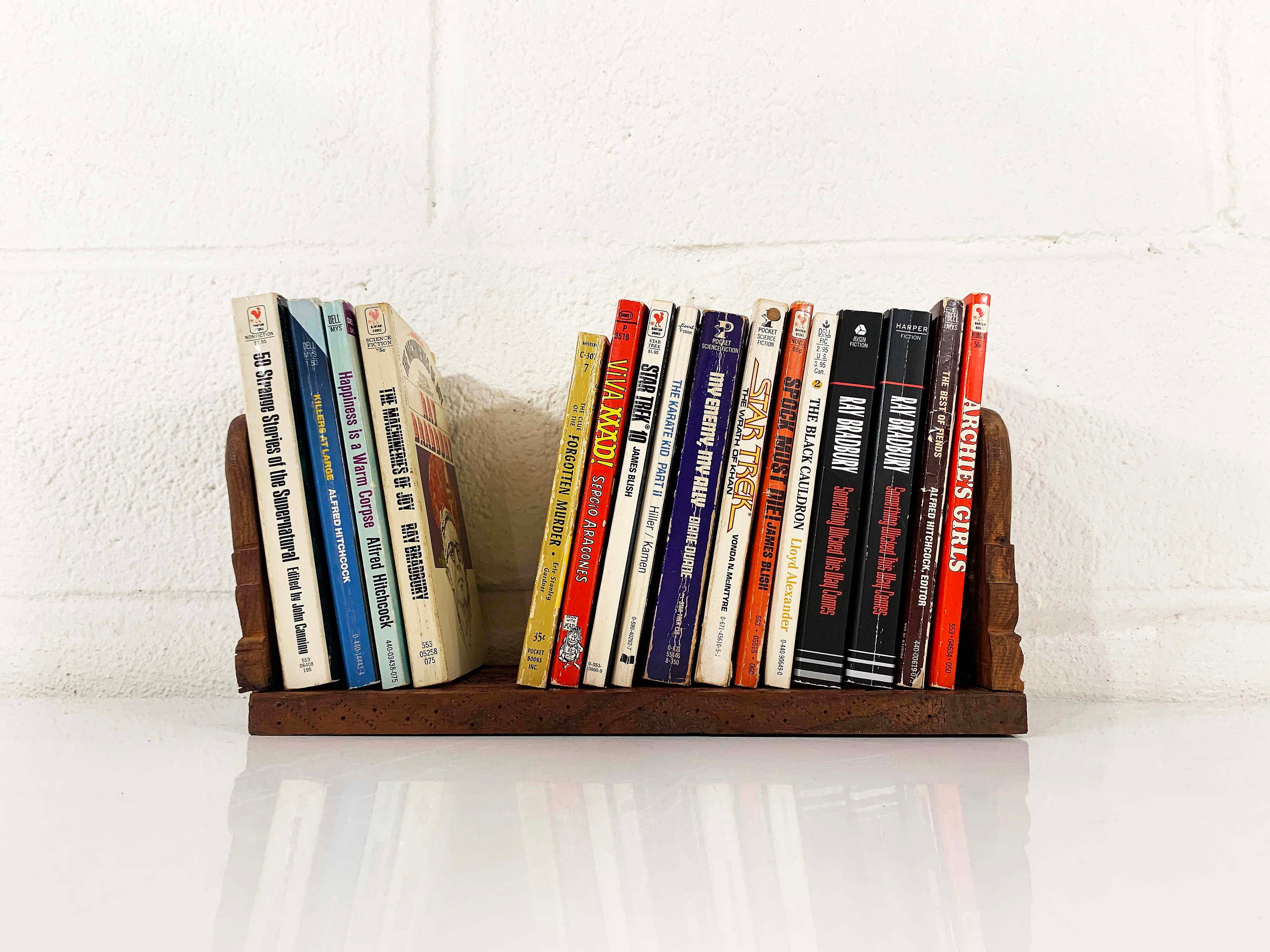 Vintage Wooden Bookends Floral Carved MidCentury Boho Wood Bookshelf