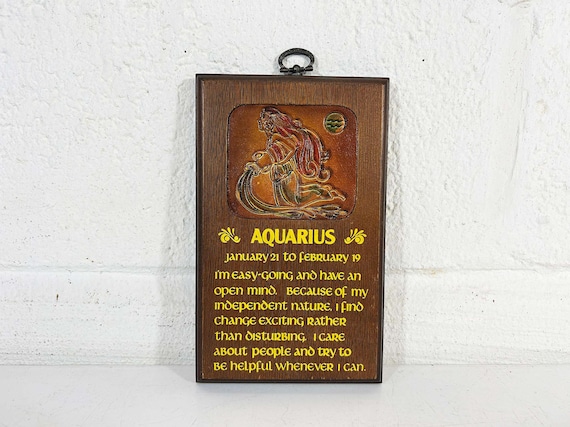 Vintage Aquarius Zodiac Wall Plaque Astrology Wooden Hanging Art Horoscope 1970s
