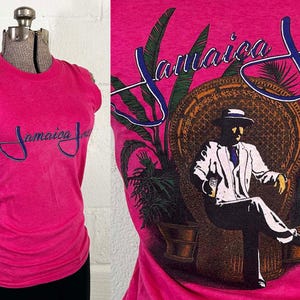 Vintage Jamaica Joe's Souvenir Muscle Tank Island Single Stitch Tee Hipster Top Pink Tropical Wicker Peacock Chair Palm Trees 1980s Small