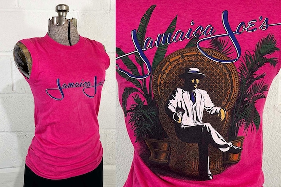 Vintage Jamaica Joe's Souvenir Muscle Tank Island Single Stitch Tee Hipster Top Pink Tropical Wicker Peacock Chair Palm Trees 1980s Small