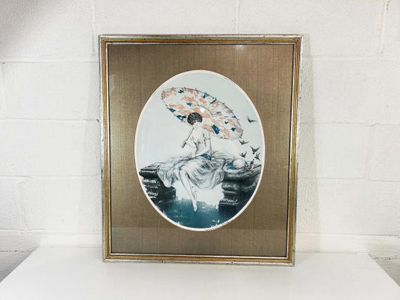 Vintage Louis Icart Etching Parasol 1928 Paris Print Framed Art Deco Wall Artwork Nouveau 1980s Reproduction