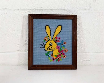 Vintage Framed Embroidered Rabbit Flowers Needlepoint Bunny Zodiac Nursery Kid's Room Floral Crewel Framed Handmade 1970s