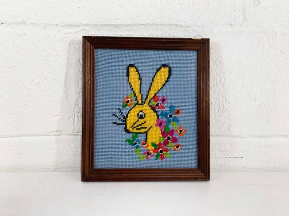 Vintage Framed Embroidered Rabbit Flowers Needlepoint Bunny Zodiac Nursery Kid's Room Floral Crewel Framed Handmade 1970s