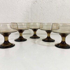 Vintage Smoky Coupe Glasses Goblets Coffee Brown Set of 5 Champagne Sherbert Dessert 1970s 1960s Holiday Party image 2