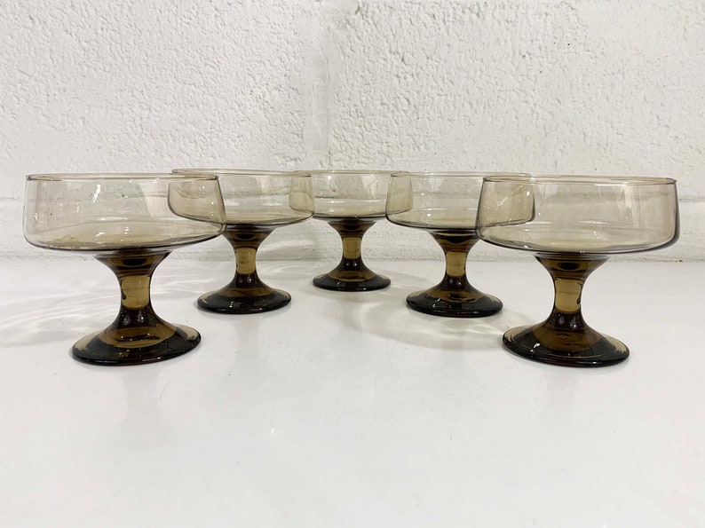 Vintage Smoky Coupe Glasses Goblets Coffee Brown Set of 5 Champagne Sherbert Dessert 1970s 1960s Holiday Party image 2