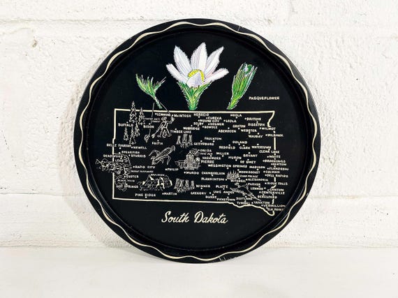 Vintage Metal South Dakota Drink Tray Plate Souvenir Retro Round Mid-Century Barware Black White Bar Pasqueflower