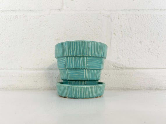 Vintage McCoy Basketweave Teal Blue Planter Minimal Brush Attached Saucer Mid-Century Pottery Pot Mid Century Modern USA 1950s 50s MCM